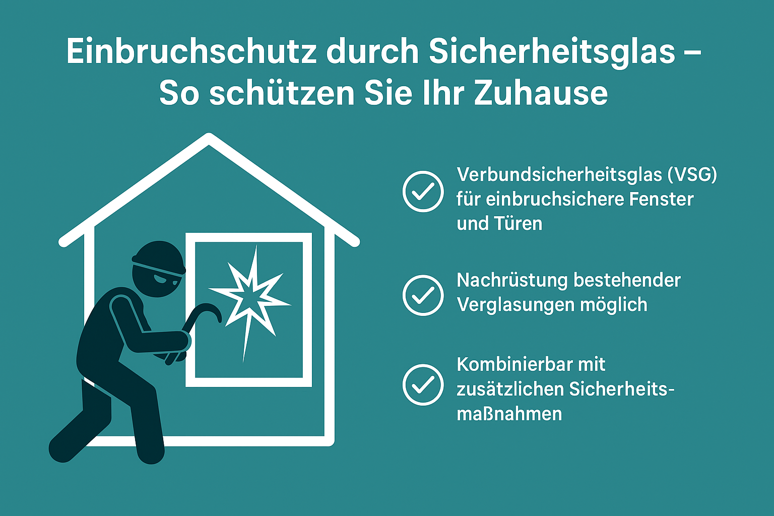 Illustration zeigt die Schutzwirkung von Sicherheitsglas bei einem Einbruchsversuch: Eine Hand mit Brecheisen trifft auf eine durchkreuzte Scheibe, während ein Schild mit Schloss-Symbol Sicherheit signalisiert. Text weist auf die Vorteile von Einscheiben- und Verbundsicherheitsglas für Fenster und Türen hin.